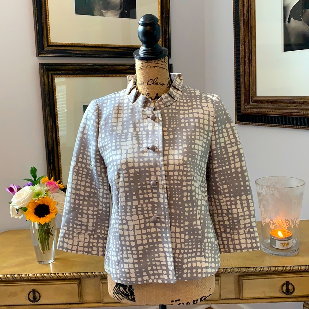 J CREW gray ivory fall ruffle jacket XS 2 4 linen